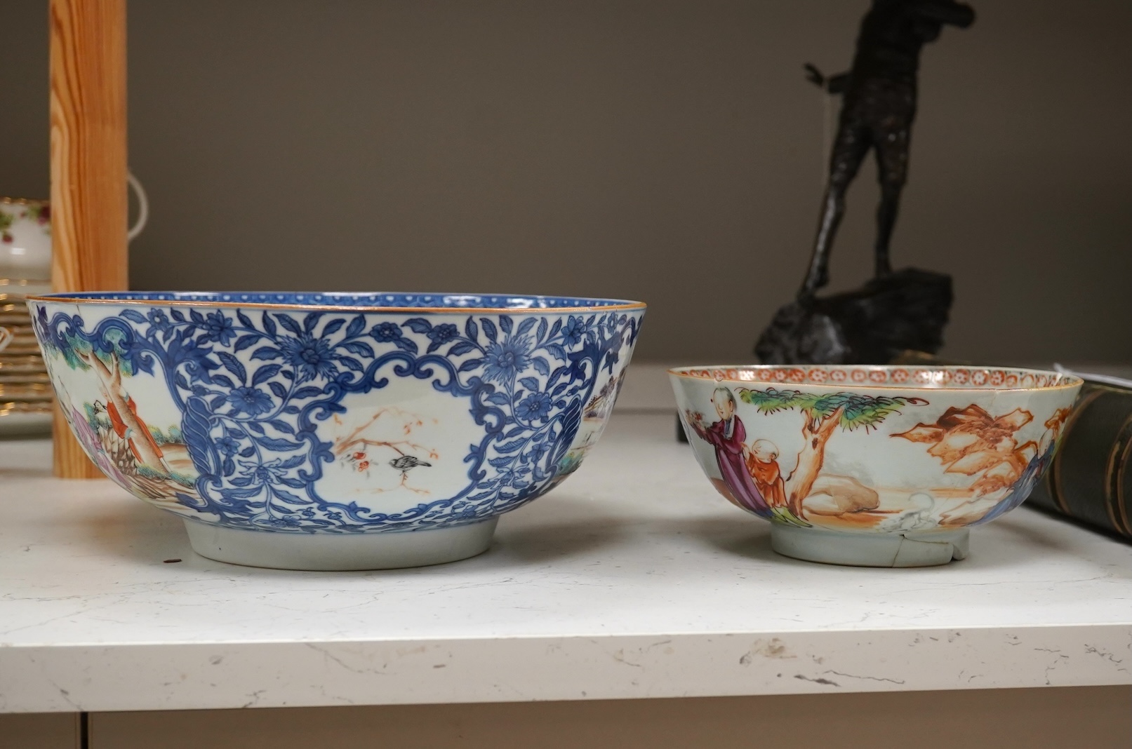 Two 18th century Chinese export famille rose bowls (a.f) largest 26cm diameter. Condition - poor